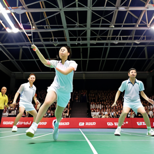 Home 19 A dynamic action shot of badminton players competing in the All England Open Badminton Championships. Focus on speed and agility with the shuttlecock in mid-air. Include a diverse crowd of spectators in the background, showcasing the event's popularity.