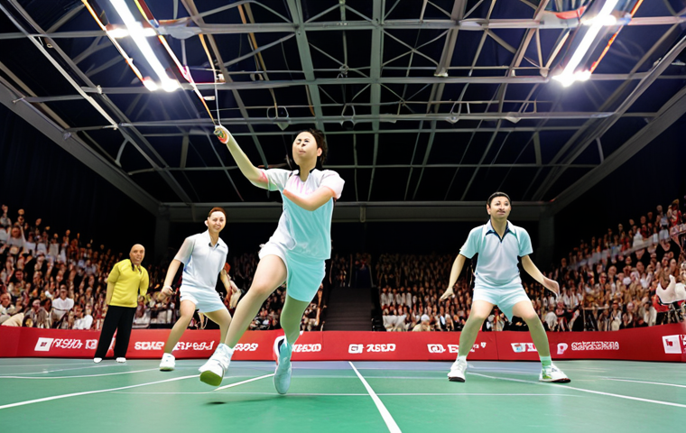 A dynamic action shot of badminton players competing in the All England Open Badminton Championships. Focus on speed and agility with the shuttlecock in mid-air. Include a diverse crowd of spectators in the background, showcasing the event's popularity.
