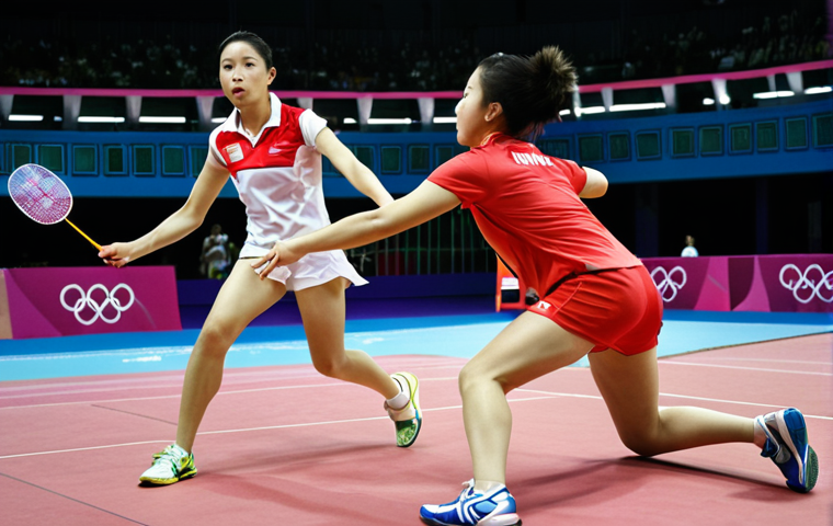 **Image Prompt 1:** A dynamic action shot of badminton players competing in an Olympic match. Emphasize speed, agility, and strategic play, with a focus on a powerful smash. Capture the intensity and excitement of the game.
