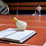 ** Badminton beginner learning basic techniques with a guide book, focusing on correct racket grip and shuttlecock hitting.

**