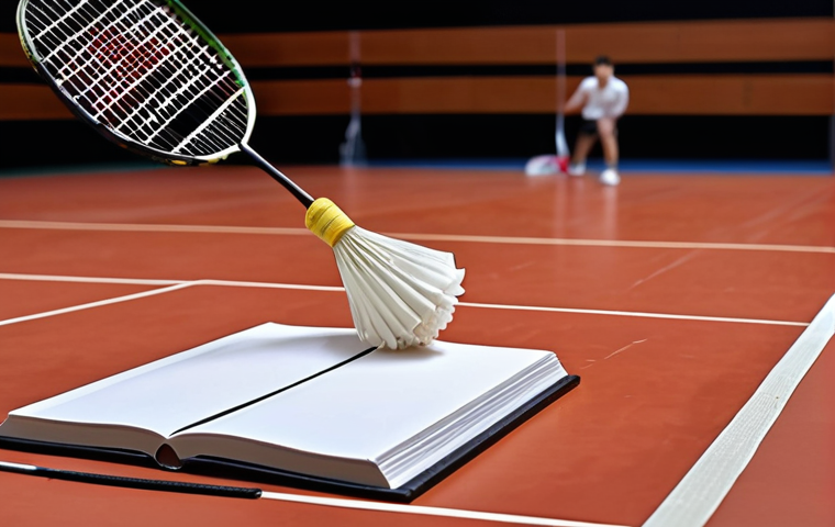 ** Badminton beginner learning basic techniques with a guide book, focusing on correct racket grip and shuttlecock hitting.
**