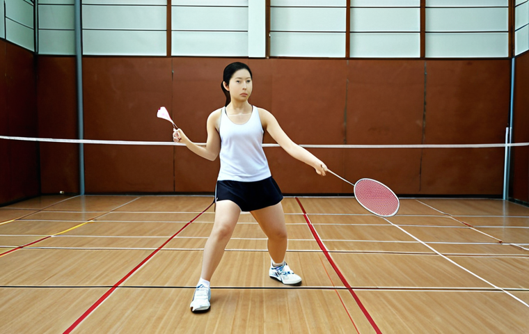 **Intense badminton practice session:** A badminton player focused on technique, practicing strokes on the court. Gym setting. Emphasis on dedication and hard work.