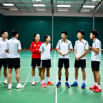 **

"Badminton team huddle, players in sportswear, discussing strategy on the court during a break, fully clothed, appropriate attire, safe for work, perfect anatomy, natural proportions, action shot, team spirit, friendly competition, well-lit, professional photography, bright and encouraging atmosphere."

**