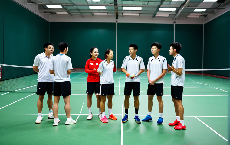 **
"Badminton team huddle, players in sportswear, discussing strategy on the court during a break, fully clothed, appropriate attire, safe for work, perfect anatomy, natural proportions, action shot, team spirit, friendly competition, well-lit, professional photography, bright and encouraging atmosphere."
**