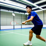 배드민턴 드롭샷 연습법 - "A badminton player in professional sportswear, executing a forehand slice drop shot on a well-lit i...