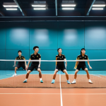 배드민턴 스트레칭 및 워밍업 방법 - **Dynamic Warm-up for Badminton:** "A vibrant, high-energy scene on a professional indoor badminton ...