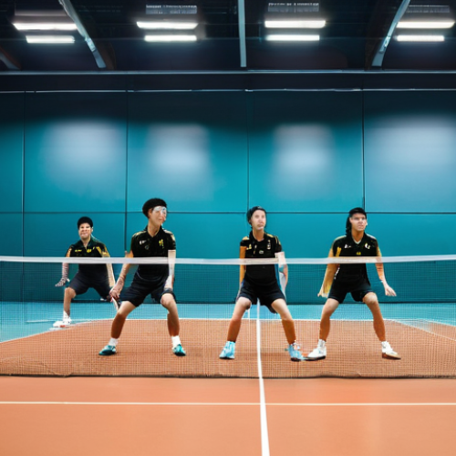 배드민턴 스트레칭 및 워밍업 방법 - **Dynamic Warm-up for Badminton:** "A vibrant, high-energy scene on a professional indoor badminton ...