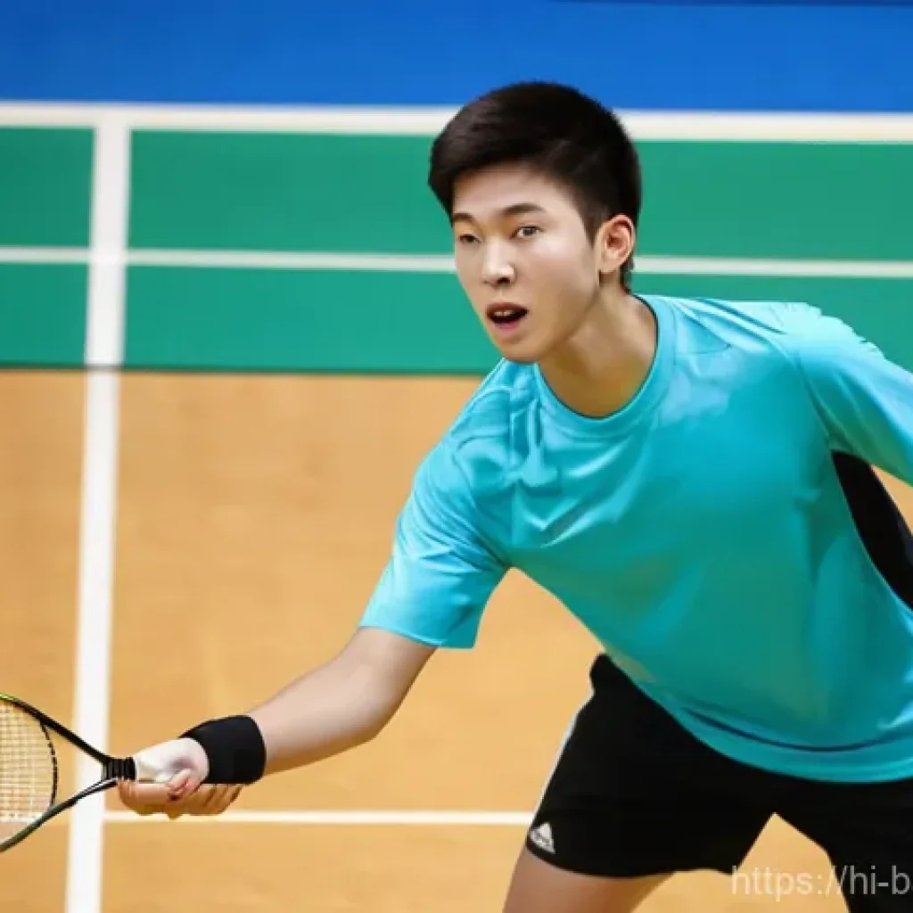 배드민턴 스트링 텐션 선택 팁 - **Prompt 1: Beginner's Comfort and Power**
A young male badminton player, approximately 16-18 ye...