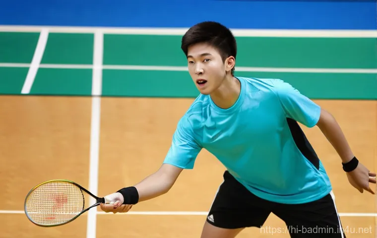 배드민턴 스트링 텐션 선택 팁 - **Prompt 1: Beginner's Comfort and Power**
A young male badminton player, approximately 16-18 ye...