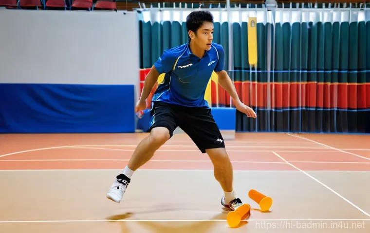 배드민턴 훈련용 도구 추천 - **Prompt 1: Dynamic Agility Training on a Badminton Court**
"A male badminton player, in his lat...