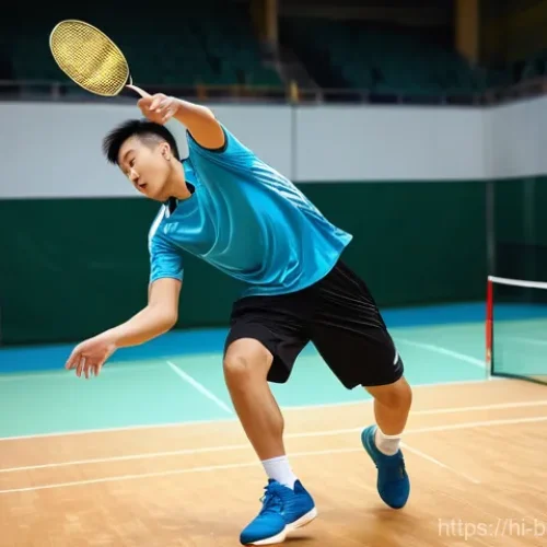 Home 21 배드민턴과 스쿼시 비교 - **Dynamic Badminton Action in a Vibrant Setting**
"A fit young male badminton player, mid-twenti...