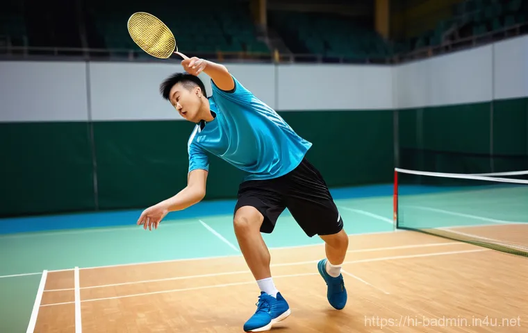 배드민턴과 스쿼시 비교 - **Dynamic Badminton Action in a Vibrant Setting**
"A fit young male badminton player, mid-twenti...