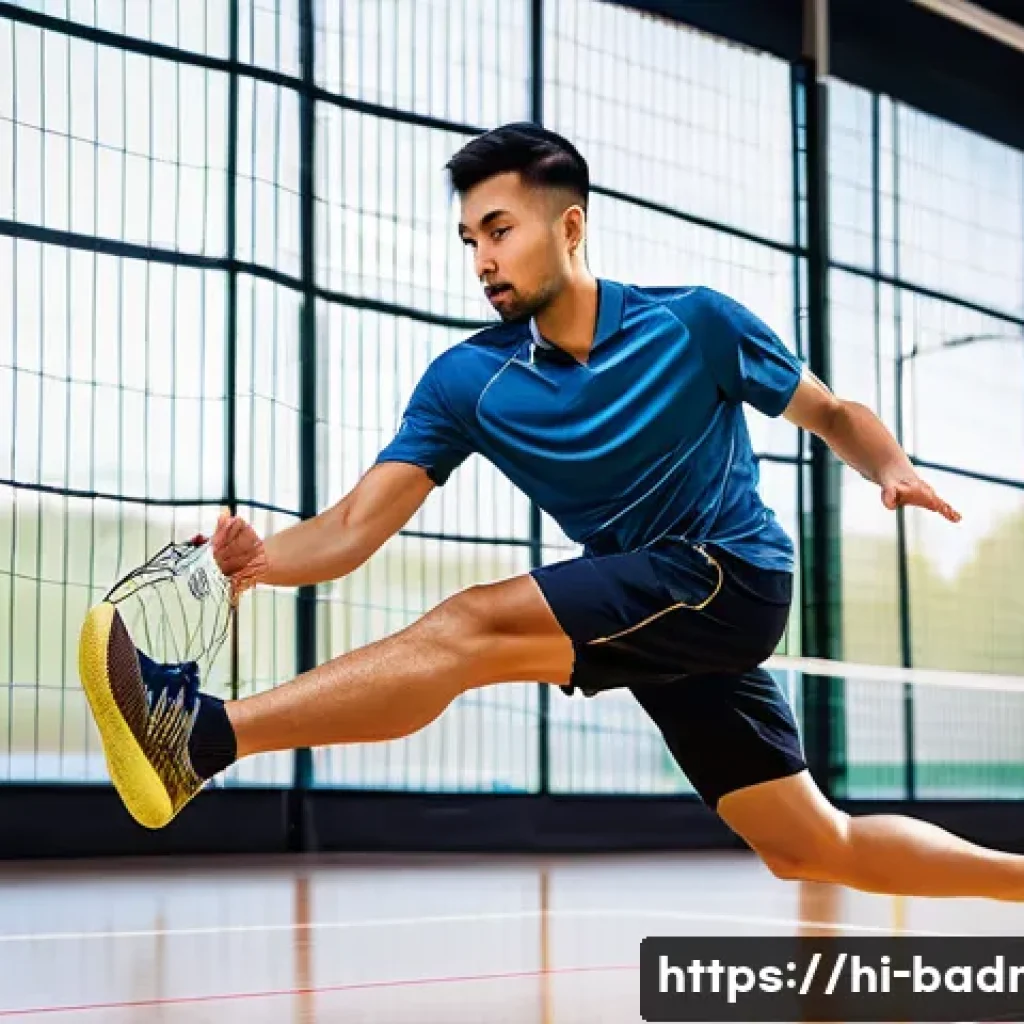 배드민턴 풋워크 교정 방법 - A male badminton player wearing lightweight sports shoes with good grip and ankle support, practicin...