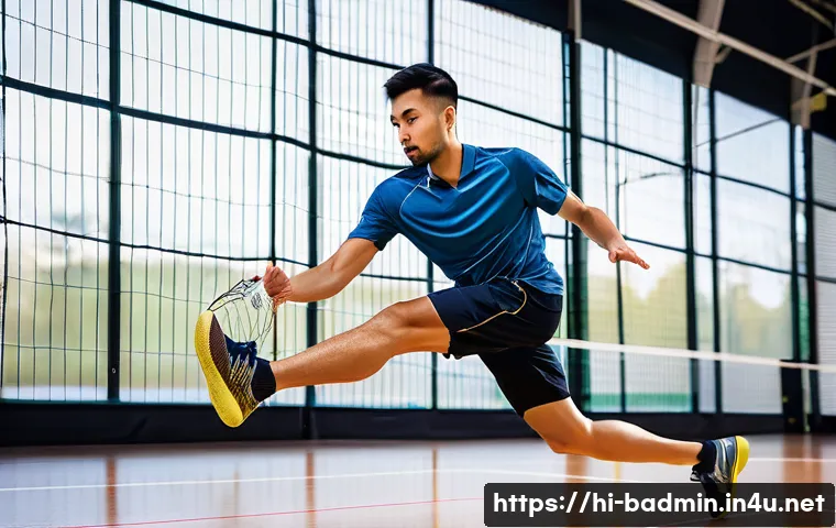 배드민턴 풋워크 교정 방법 - A male badminton player wearing lightweight sports shoes with good grip and ankle support, practicin...