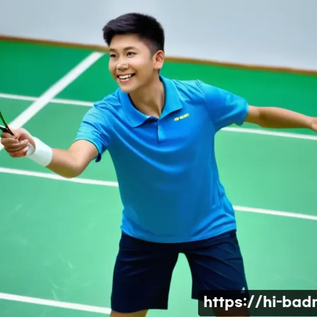 배드민턴 레슨 강사 선택 요령 - A young beginner badminton player wearing appropriate sportswear and sneakers, practicing basic fore...