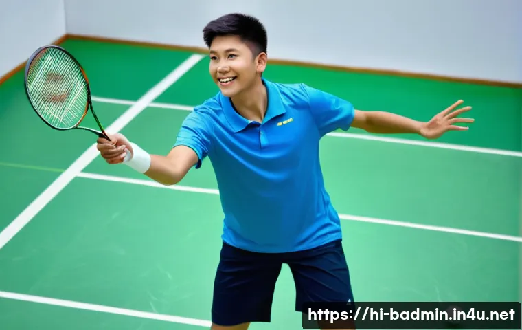 배드민턴 레슨 강사 선택 요령 - A young beginner badminton player wearing appropriate sportswear and sneakers, practicing basic fore...