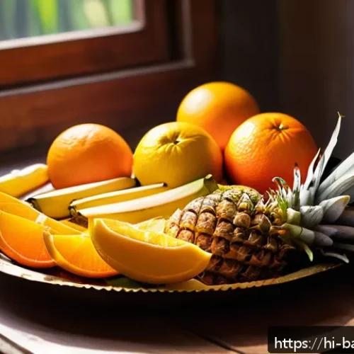 배드민턴 경기 후 회복 음식 - A vibrant and colorful still life of fresh fruits commonly consumed by Hindi-speaking badminton play...