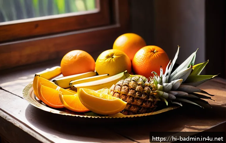 배드민턴 경기 후 회복 음식 - A vibrant and colorful still life of fresh fruits commonly consumed by Hindi-speaking badminton play...