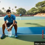 배드민턴 경기 중 물 섭취 요령 - A detailed scene showing a male and female Indian athletes preparing for a match outdoors under warm...