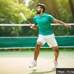 배드민턴 운동으로 얻을 수 있는 장점 - A dynamic scene of a young Indian man playing badminton outdoors in bright daylight, wearing sporty ...