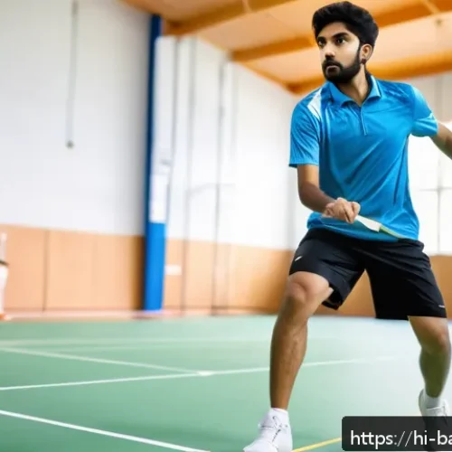 배드민턴 대회 준비 훈련 일정 - A focused young Indian badminton player performing dynamic lateral footwork drills on a bright indoo...