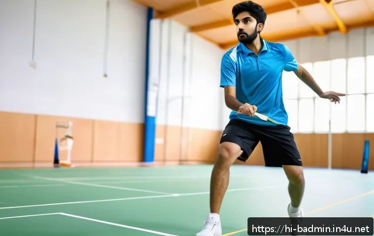 배드민턴 대회 준비 훈련 일정 - A focused young Indian badminton player performing dynamic lateral footwork drills on a bright indoo...