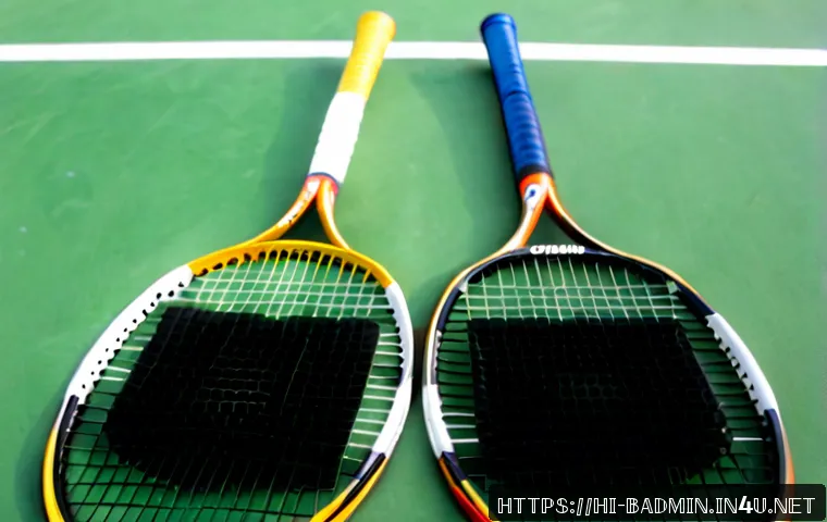 Home 17 배드민턴 라켓 소재별 차이점 - Photorealistic overhead comparison of four unbranded badminton rackets arranged neatly on a clean in...