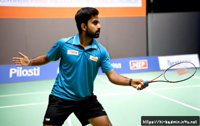 Home 17 배드민턴 경기 중 악력 강화법 - Photorealistic action scene of an Indian adult badminton player during a match, paused at the sideli...