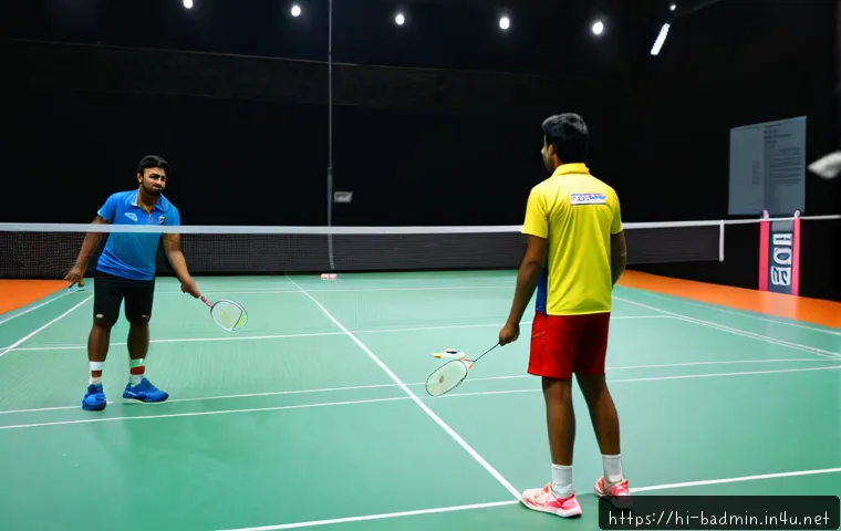 Home 17 배드민턴 경기 규칙 요약 - Photorealistic indoor badminton match between two Indian adult players on a clearly marked court, on...